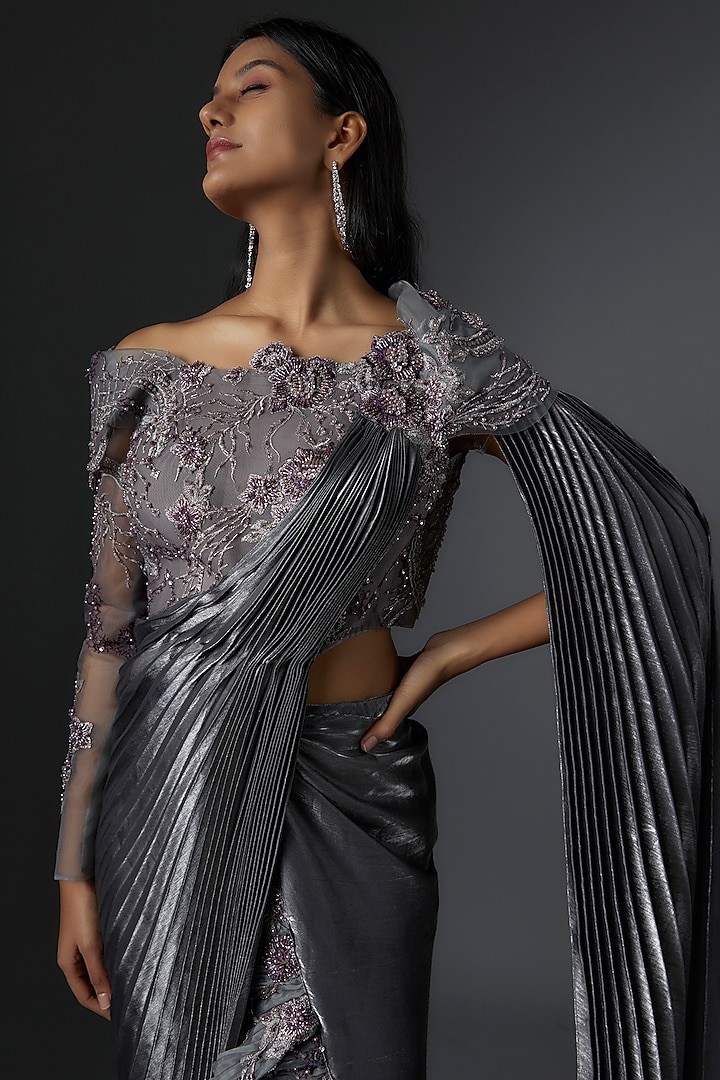 Grey Metallic & Mesh Sequin Embroidered Draped Reception Gown Saree by Tanieya Khanuja at Pernia's Pop Up Shop