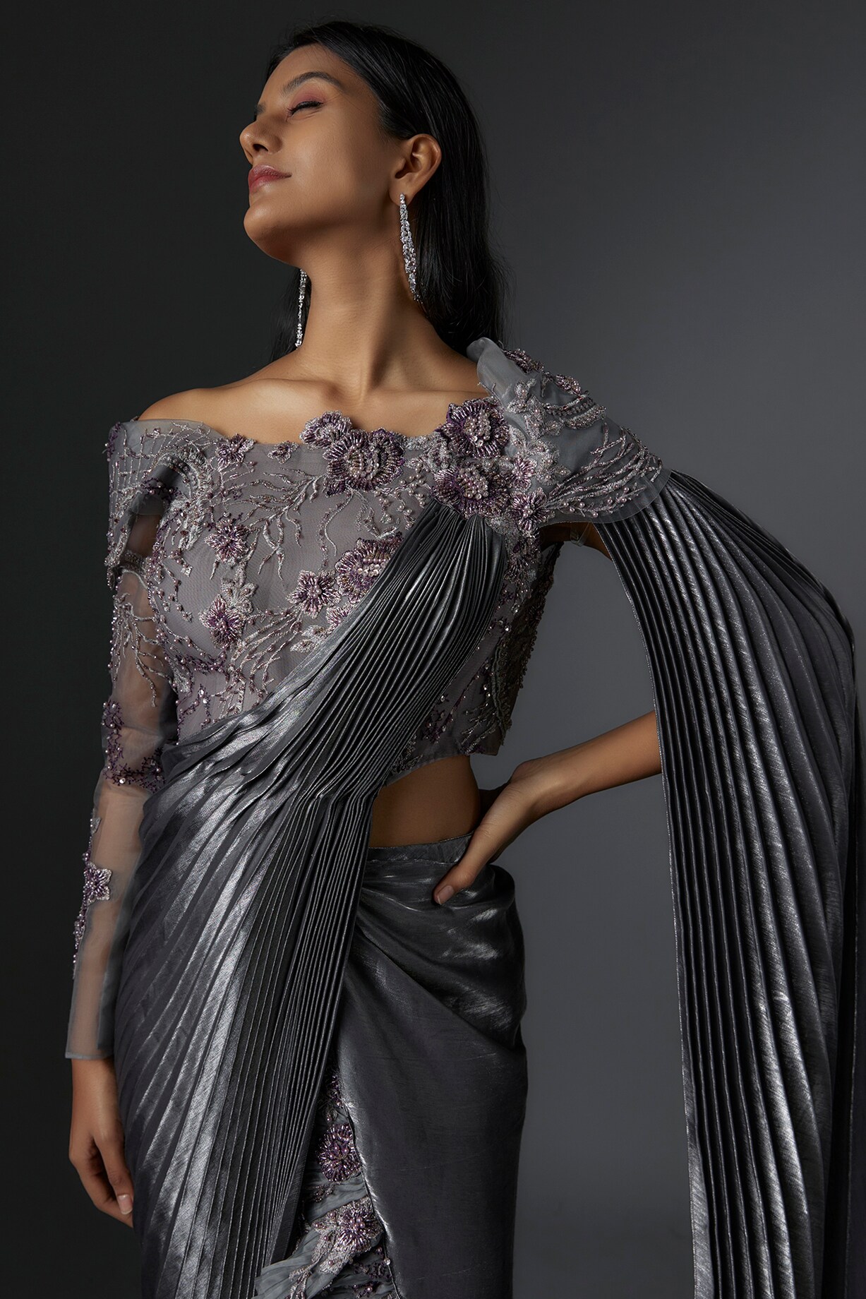 Grey Metallic Sequin Embellished Net Saree With Pleated Border