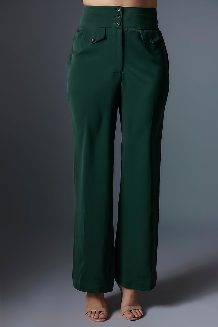 Green Imported Crepe Straight Pants by Tanieya Khanuja at Pernia's Pop Up Shop