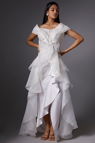 White Metallic Skirt Set by Tanieya Khanuja