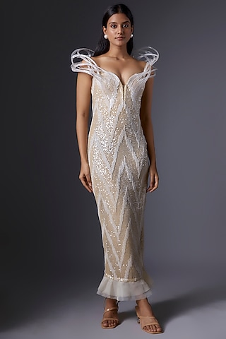 Cream Mesh Bead Embroidered Dress by Tanieya Khanuja
