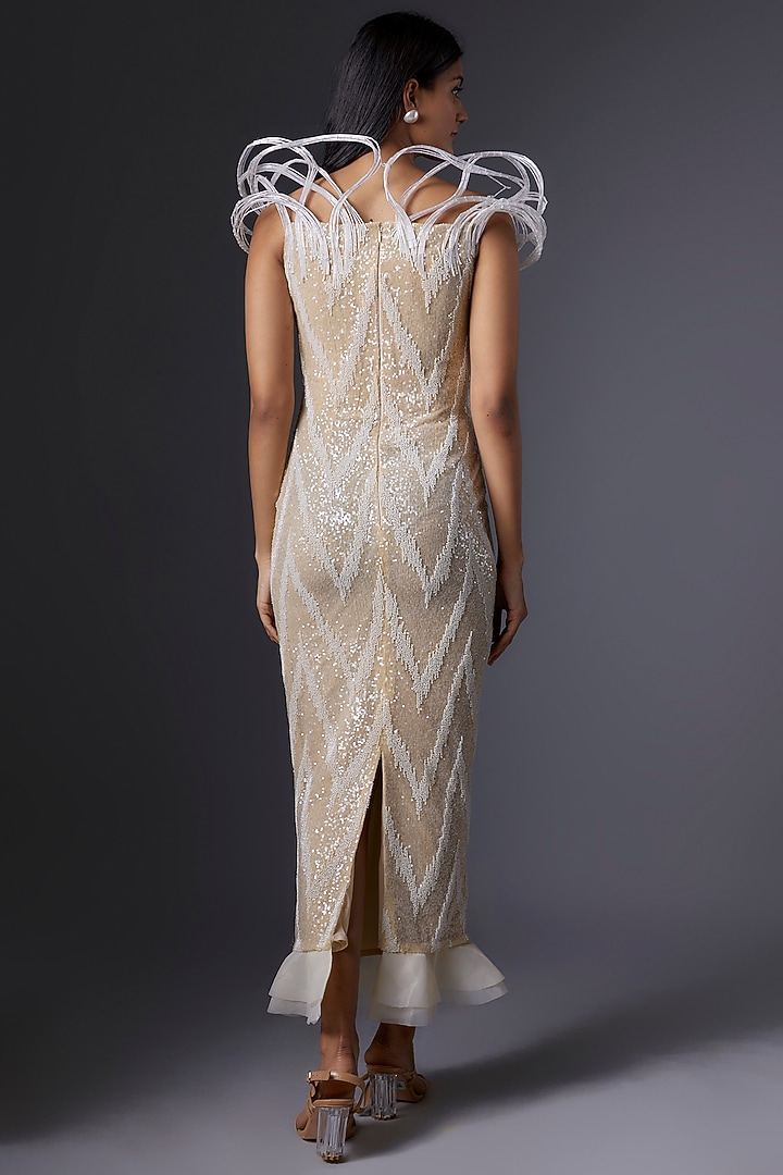 Cream Mesh Bead Embroidered Party Wear Dress by Tanieya Khanuja at Pernia's Pop Up Shop