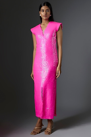 Fuchsia Sequins Embroidered Dress by Tanieya Khanuja