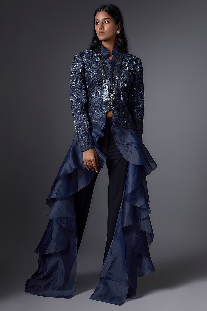 Navy Blue Mesh Thread Embroidered Jacket Set by Tanieya Khanuja at Pernia's Pop Up Shop