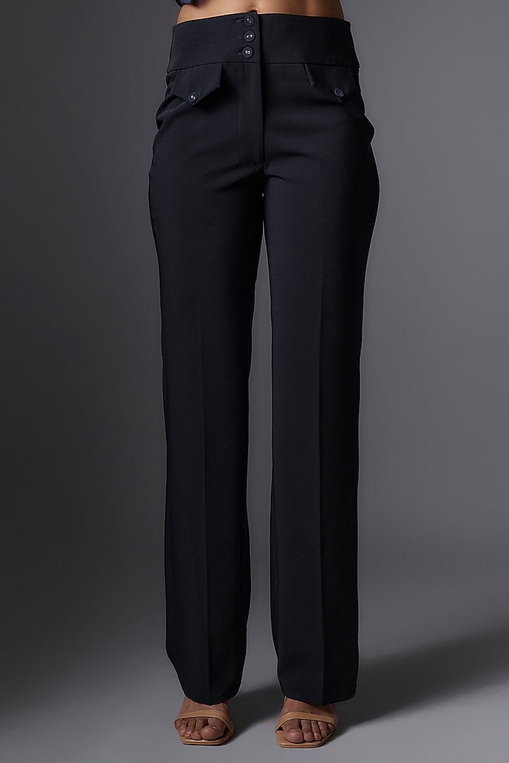 Navy Imported Crepe Straight Pants by Tanieya Khanuja at Pernia's Pop Up Shop