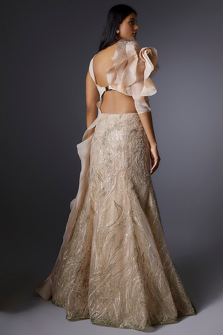 Beige Mesh & Organza Thread Embroidered Bridal Gown by Tanieya Khanuja at Pernia's Pop Up Shop