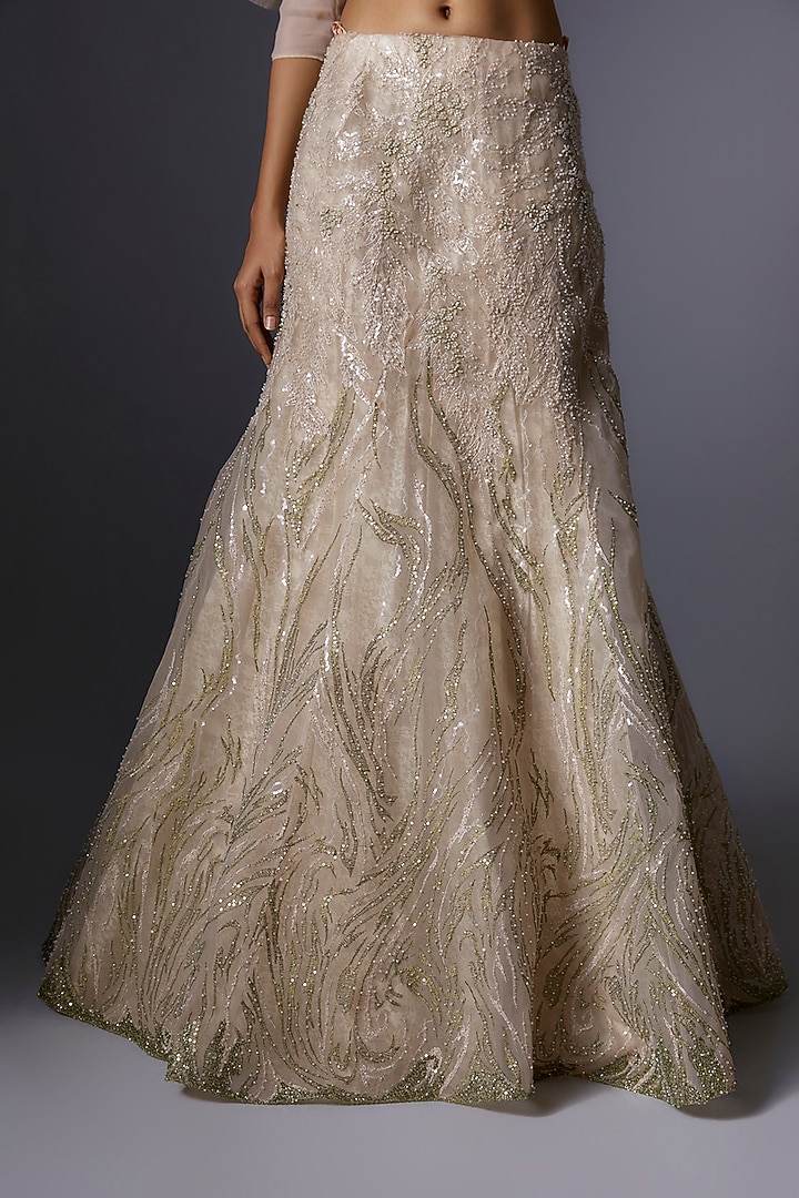 Beige Mesh & Organza Thread Embroidered Bridal Gown by Tanieya Khanuja at Pernia's Pop Up Shop