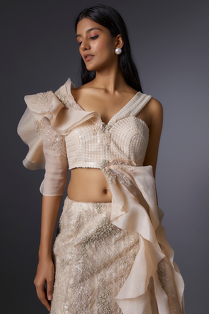 Beige Mesh & Organza Thread Embroidered Bridal Gown by Tanieya Khanuja at Pernia's Pop Up Shop