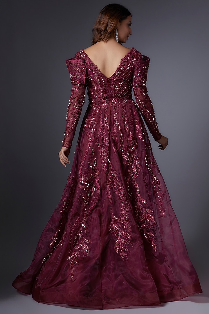 Red Mesh Thread Embroidered Bridal Gown by Tanieya Khanuja at Pernia's Pop Up Shop