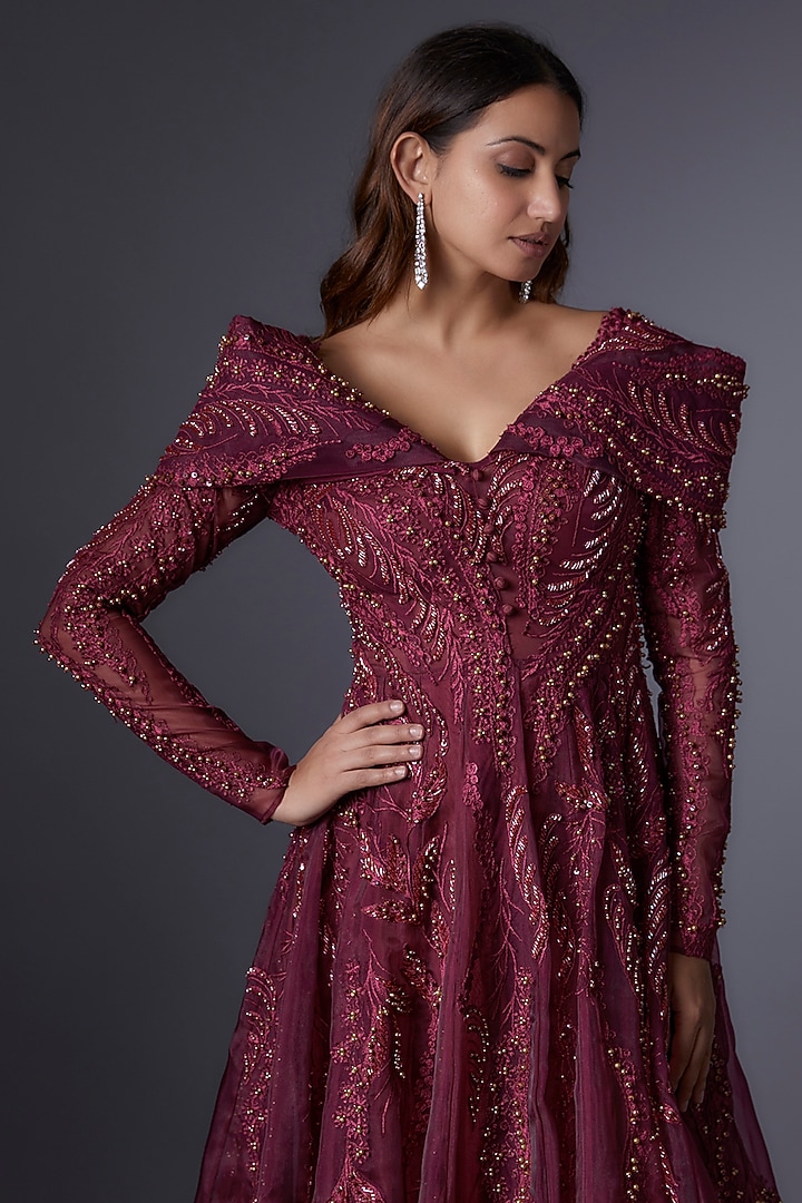 Red Mesh Thread Embroidered Bridal Gown by Tanieya Khanuja at Pernia's Pop Up Shop