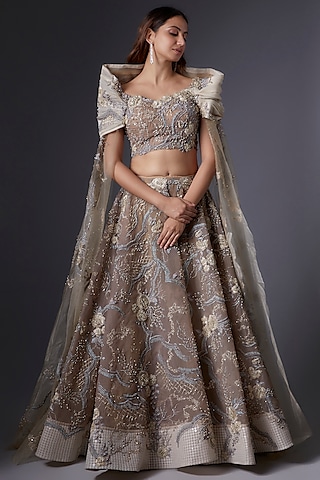 Gold Mesh & Organza Sequins Embroidered Jacket Lehenga Set by Tanieya Khanuja