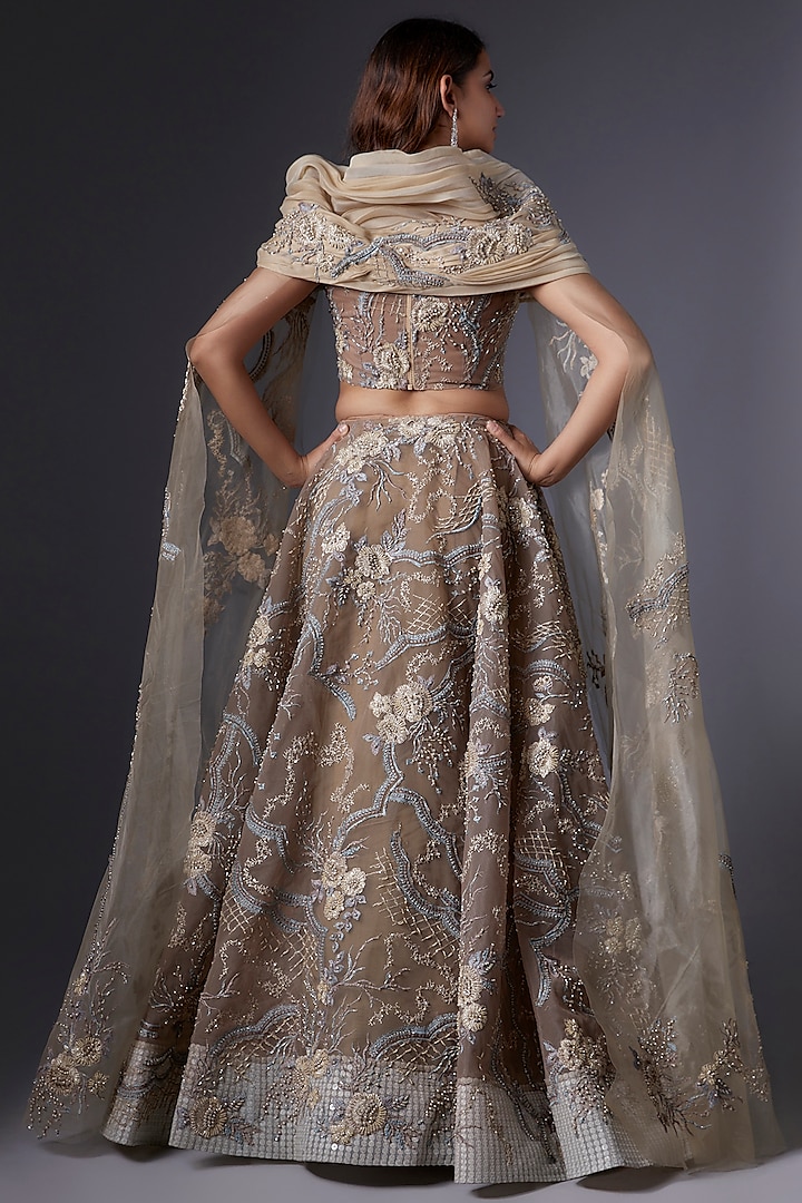 Gold Mesh & Organza Sequins Embroidered Jacket Bridal Lehenga Set by Tanieya Khanuja at Pernia's Pop Up Shop