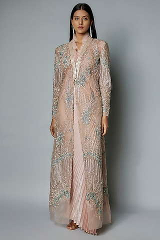 Peach Organza & Mesh Thread Embroidered Cape Set by Tanieya Khanuja
