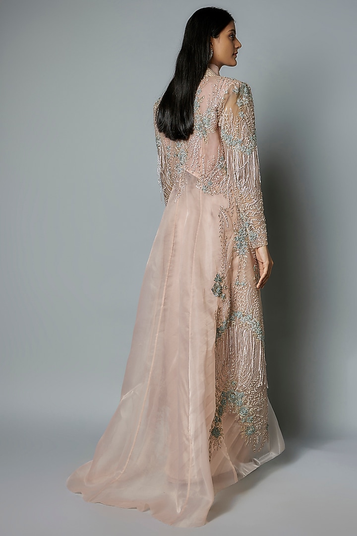 Peach Organza & Mesh Thread Embroidered Cape Set by Tanieya Khanuja at Pernia's Pop Up Shop
