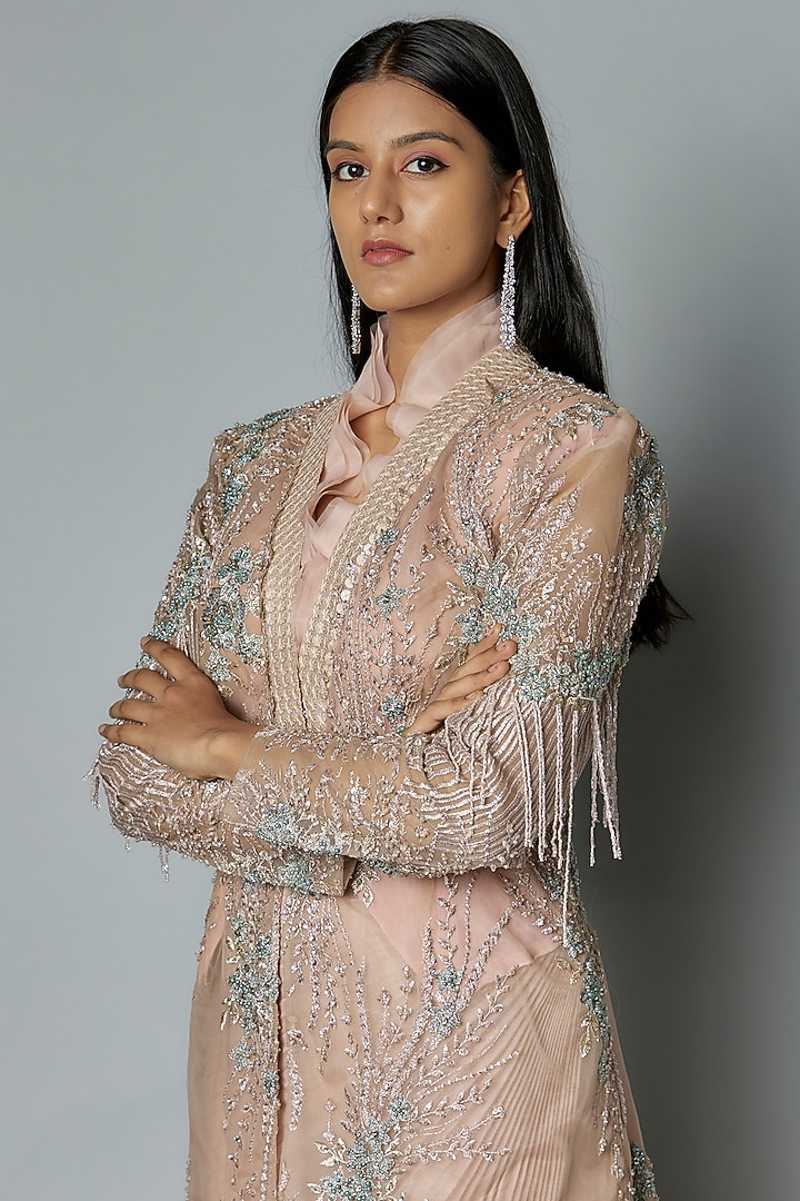 Peach Organza & Mesh Thread Embroidered Cape Set by Tanieya Khanuja at Pernia's Pop Up Shop