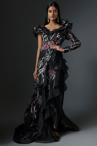Black Mesh & Organza Ruffled Skirt Set by Tanieya Khanuja
