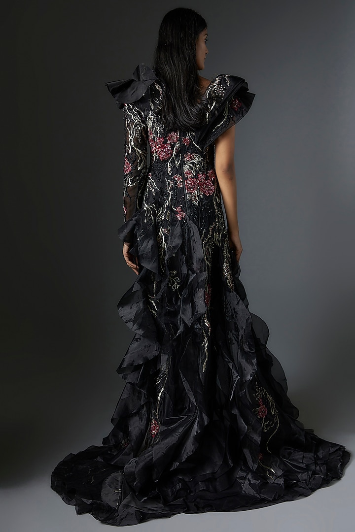 Black Mesh & Organza Ruffled Skirt Set by Tanieya Khanuja at Pernia's Pop Up Shop