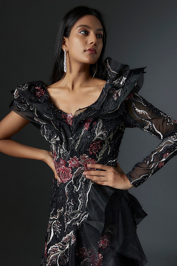 Black Mesh & Organza Ruffled Skirt Set by Tanieya Khanuja at Pernia's Pop Up Shop