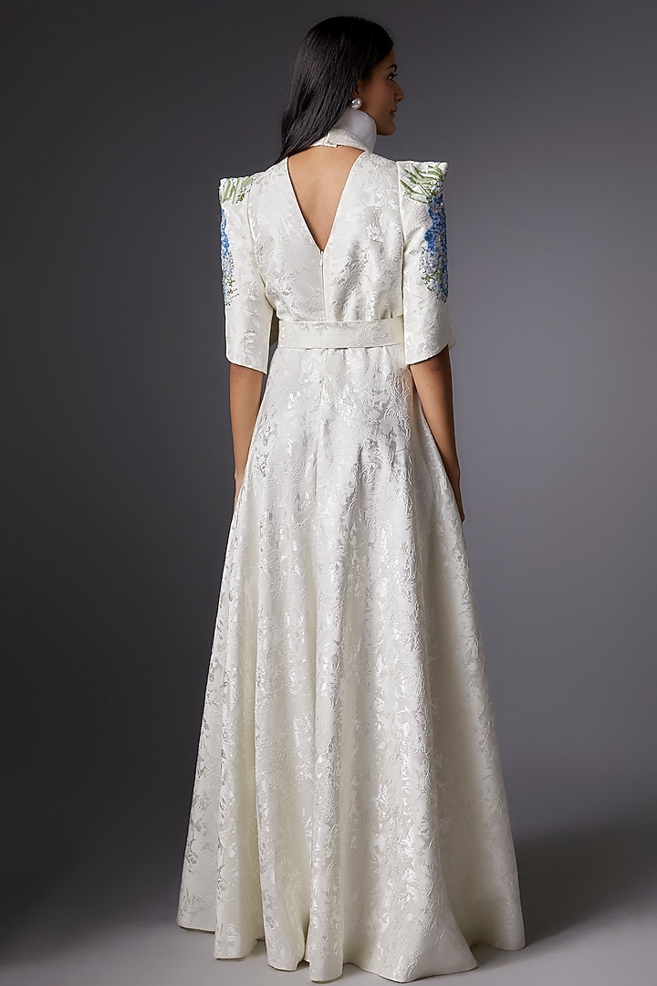 White Jacquard Sequins Embroidered Jumpsuit by Tanieya Khanuja at Pernia's Pop Up Shop