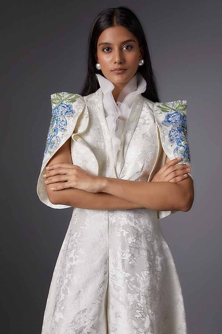 White Jacquard Sequins Embroidered Jumpsuit by Tanieya Khanuja at Pernia's Pop Up Shop