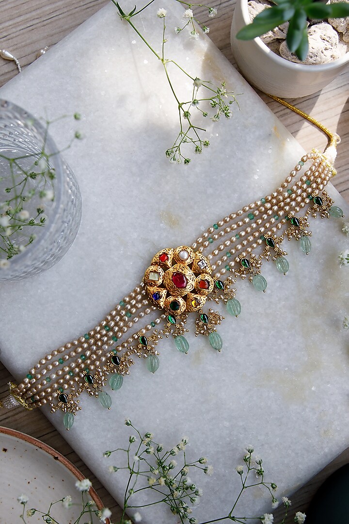 Gold Finish Kundan Polki & Semi-Precious Stone Choker Necklace In Sterling Silver by Tapri