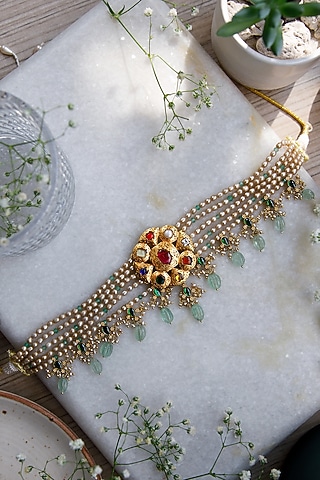 Gold Finish Kundan Polki & Semi-Precious Stone Choker Necklace In Sterling Silver by Tapri