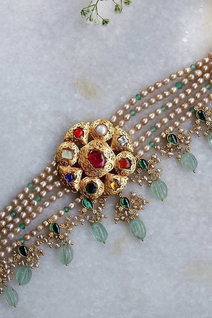 Gold Finish Kundan Polki & Semi-Precious Stone Choker Necklace In Sterling Silver by Tapri at Pernia's Pop Up Shop