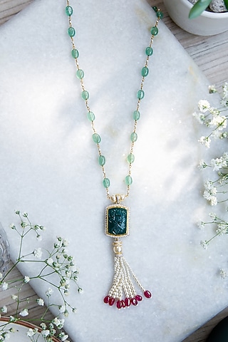 Gold Finish Carved Gemstone & Beaded Mala In Sterling Silver by Tapri