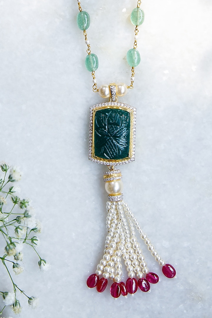 Gold Finish Carved Gemstone & Beaded Mala In Sterling Silver by Tapri at Pernia's Pop Up Shop