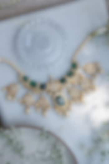 Gold Finish Moissanite Polki & Pearl Necklace In Sterling Silver by Tapri