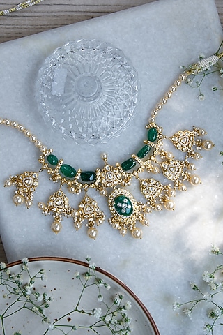 Gold Finish Moissanite Polki & Pearl Necklace In Sterling Silver by Tapri