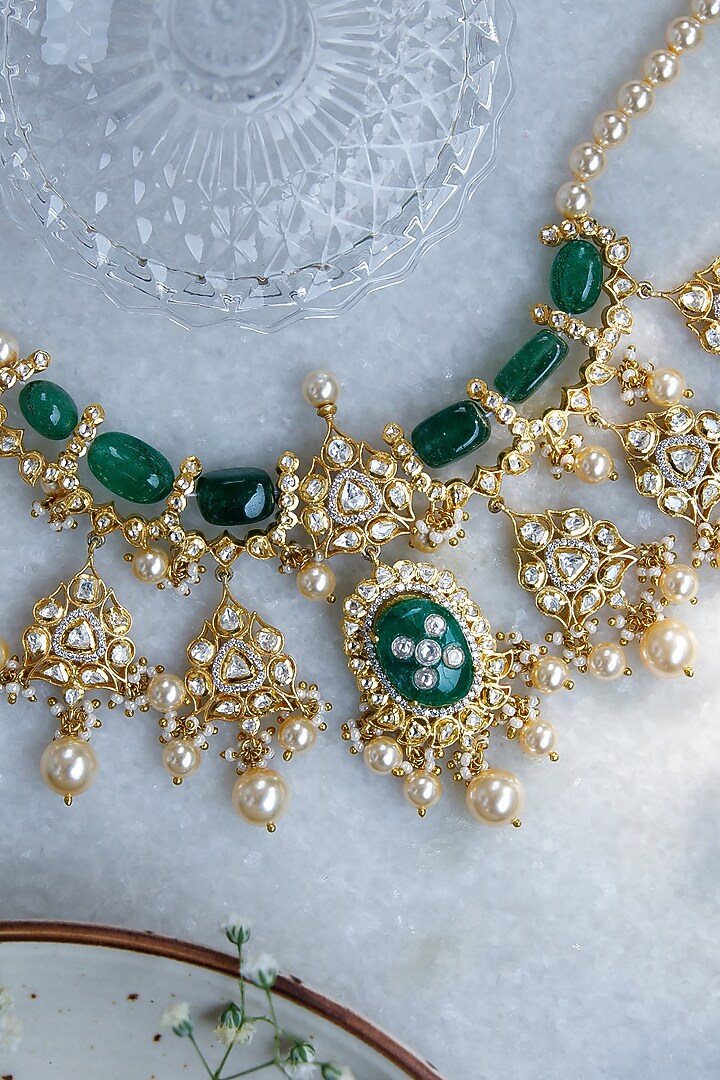 Gold Finish Moissanite Polki & Pearl Necklace In Sterling Silver by Tapri at Pernia's Pop Up Shop