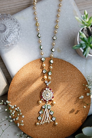 Gold Finish Semi-Precious Stone & Kundan Polki Mala In Sterling Silver by Tapri