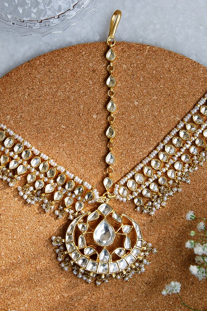 Gold Finish Kundan Polki Matha Patti In Sterling Silver by Tapri at Pernia's Pop Up Shop