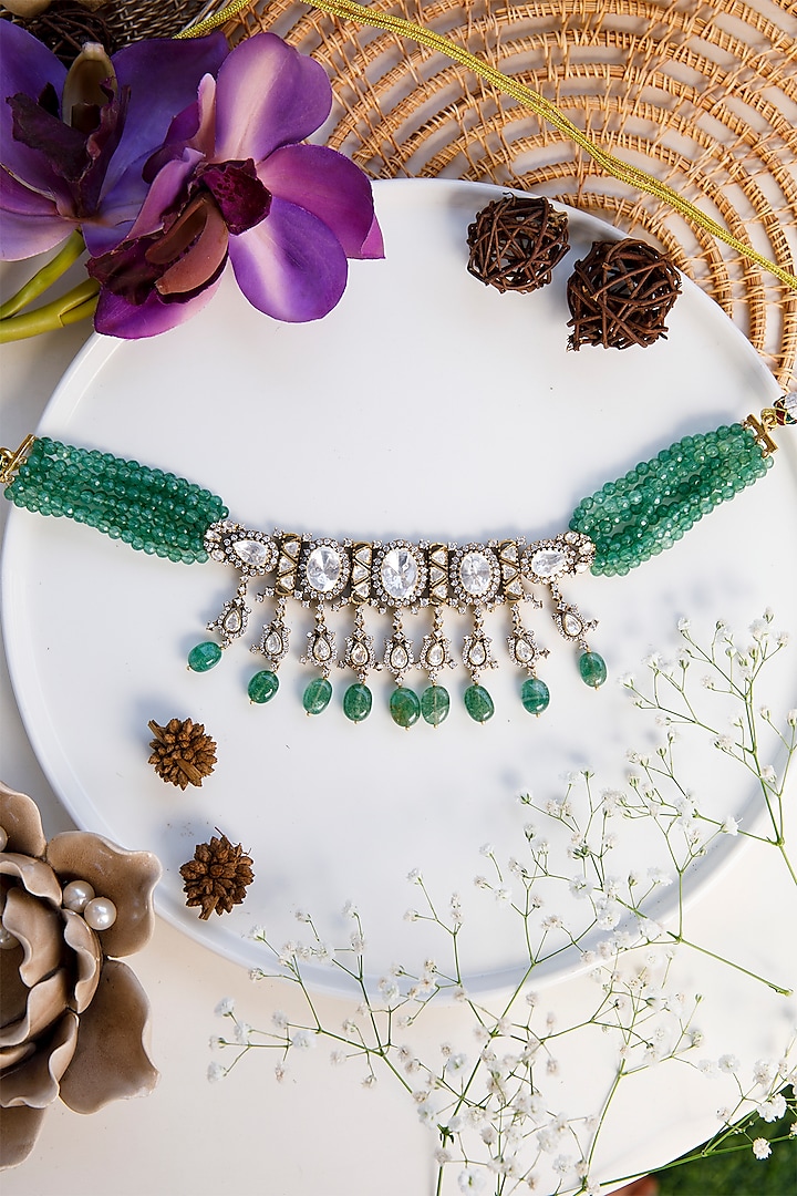 Gold Finish Kundan Polki & Semi-Precious Green Beaded Necklace Set In Sterling Silver by Tapri