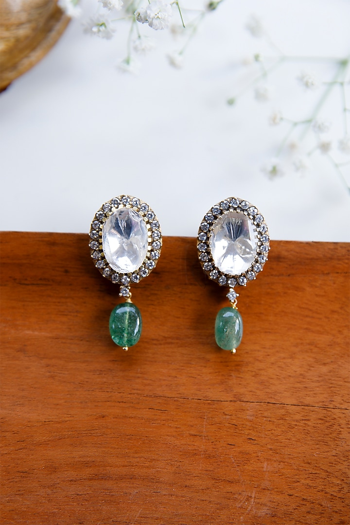 Gold Finish Kundan Polki & Semi-Precious Green Beaded Necklace Set In Sterling Silver by Tapri at Pernia's Pop Up Shop