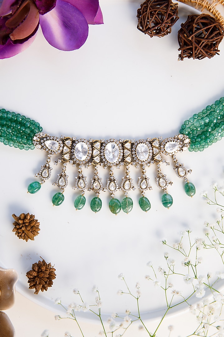 Gold Finish Kundan Polki & Semi-Precious Green Beaded Necklace Set In Sterling Silver by Tapri at Pernia's Pop Up Shop