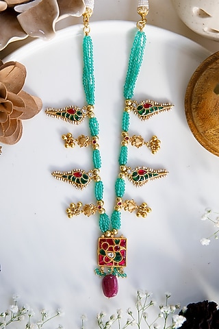 Gold Finish Kundan Polki & Beaded Long Necklace In Sterling Silver by Tapri
