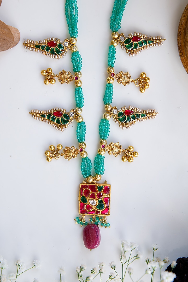 Gold Finish Kundan Polki & Beaded Long Necklace In Sterling Silver by Tapri at Pernia's Pop Up Shop