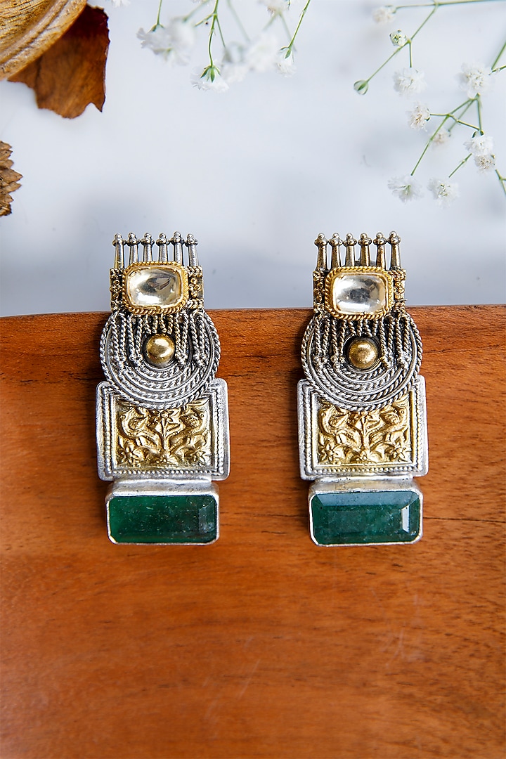 Two-Tone Finish Semi-Precious Emerald Dangler Earrings In Sterling Silver by Tapri