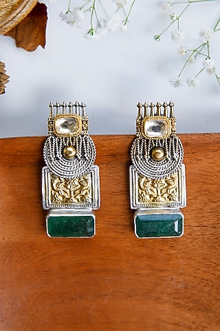 Two-Tone Finish Semi-Precious Emerald Dangler Earrings In Sterling Silver by Tapri