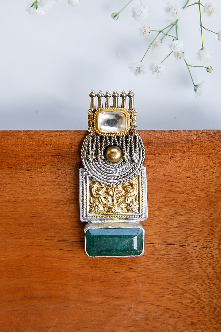 Two-Tone Finish Semi-Precious Emerald Dangler Earrings In Sterling Silver by Tapri at Pernia's Pop Up Shop