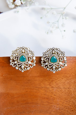 Gold Finish Moissanite Polki Stud Earrings In Sterling Silver by Tapri