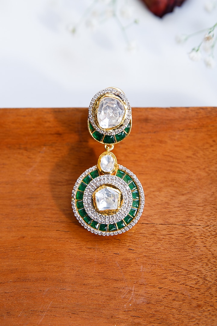 Gold Finish Moissanite Polki Dangler Earrings In Sterling Silver by Tapri at Pernia's Pop Up Shop