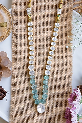 Gold Finish Kundan Polki & Beaded Long Necklace Set In Sterling Silver by Tapri