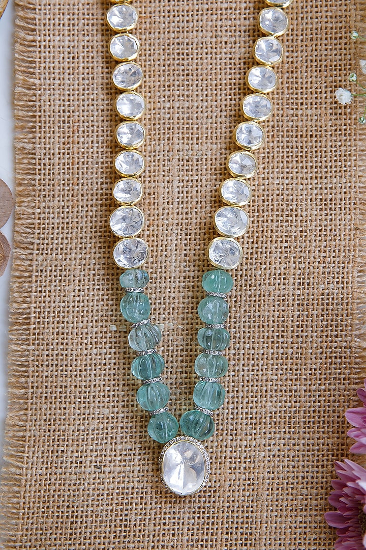 Gold Finish Kundan Polki & Beaded Long Necklace Set In Sterling Silver by Tapri at Pernia's Pop Up Shop