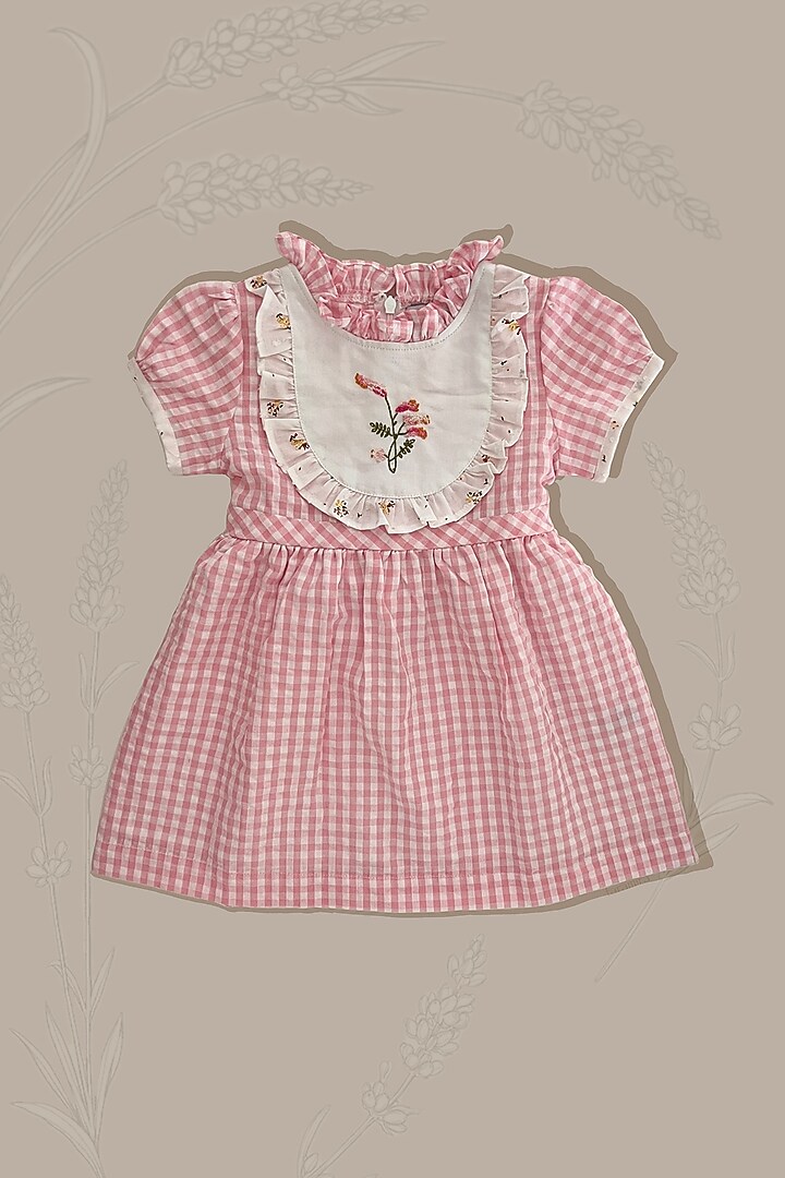 Pink Cotton Checkered Printed & Hand Embroidered Dress For Girls by Taramira at Pernia's Pop Up Shop