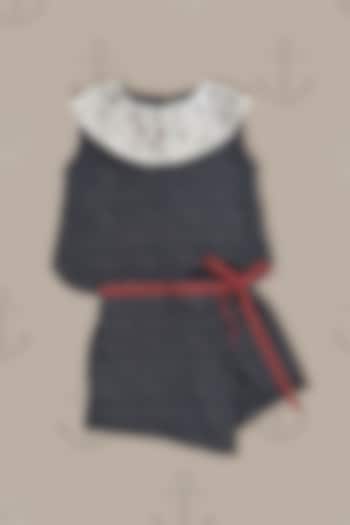 Navy Blue Cotton Blend Printed & Floral Hand Embroidered Skort Set For Girls by Taramira at Pernia's Pop Up Shop
