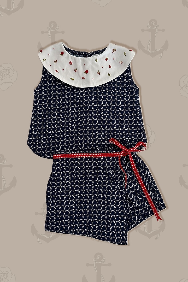 Navy Blue Cotton Blend Printed & Floral Hand Embroidered Skort Set For Girls by Taramira at Pernia's Pop Up Shop