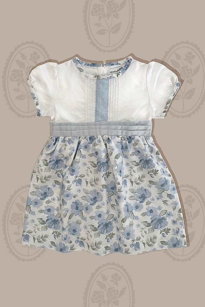 White & Blue Cotton Floral Printed Dress For Girls by Taramira at Pernia's Pop Up Shop